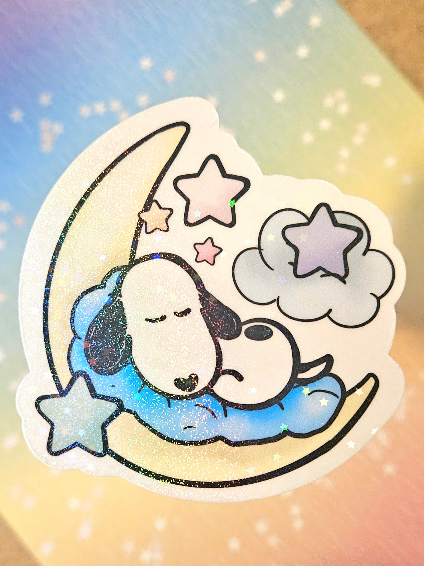 Cute sleeping cartoon white dog with moon and stars sticker for water bottle