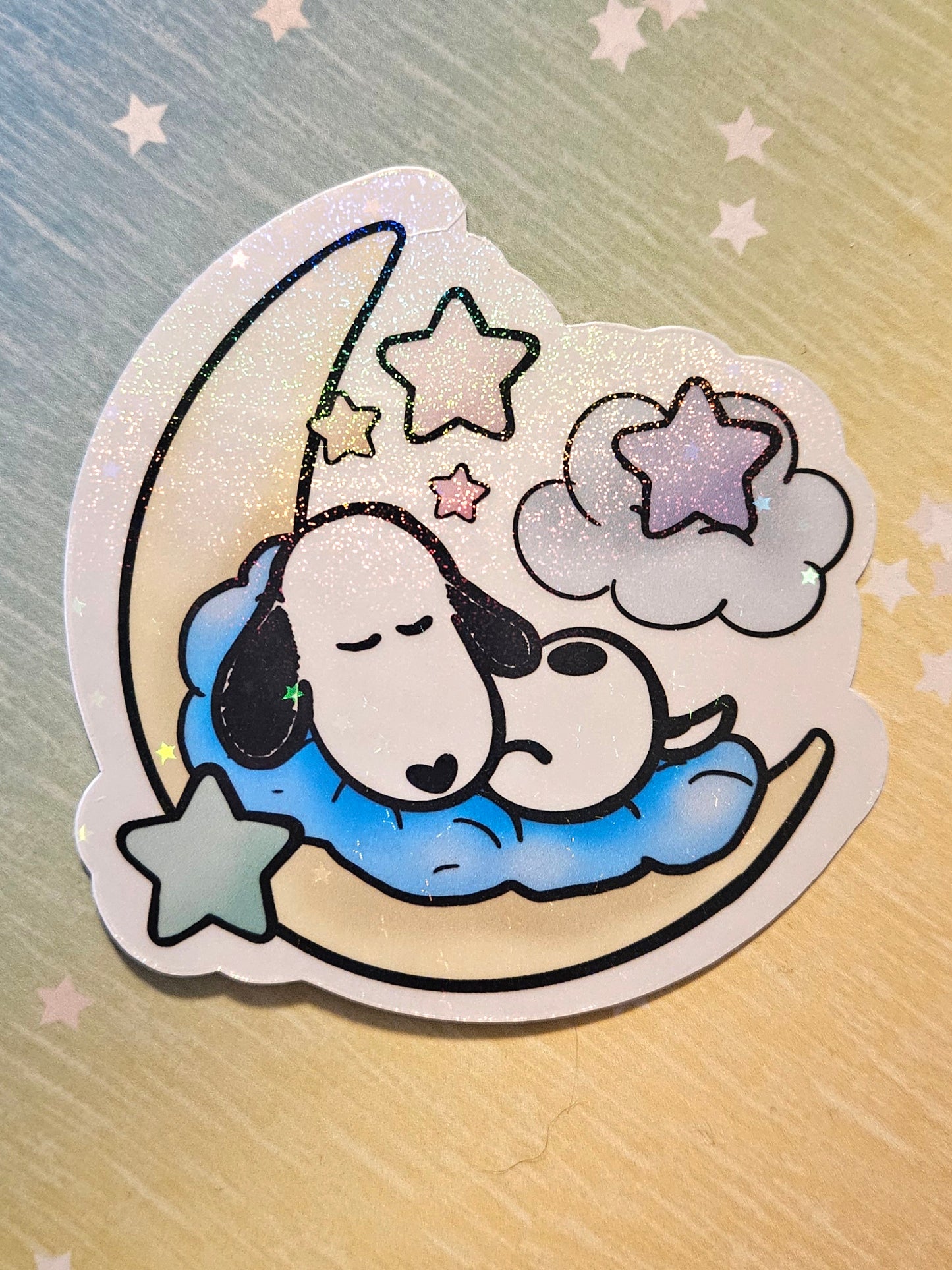 Cute sleeping cartoon white dog with moon and stars sticker for water bottle