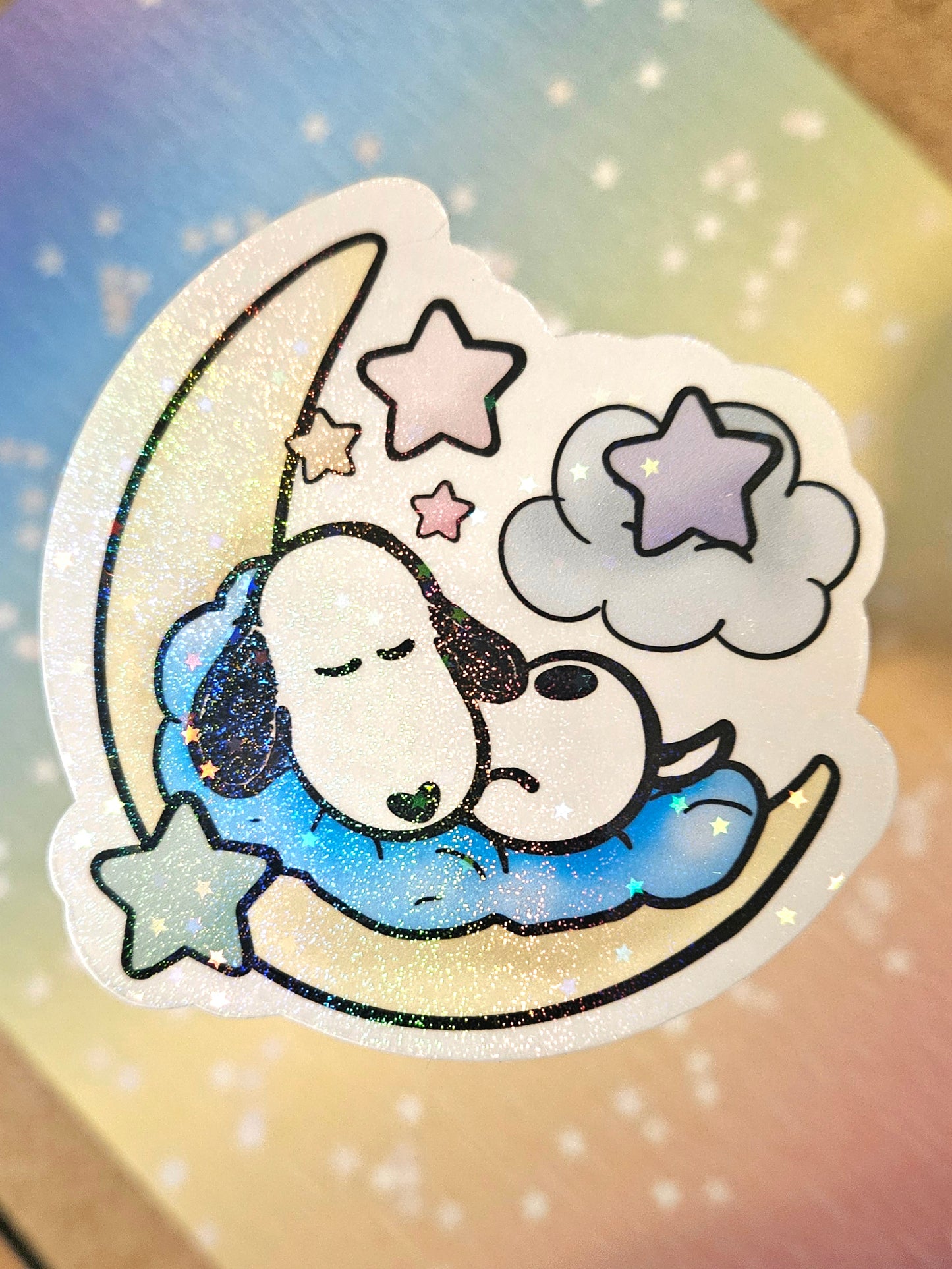 Cute sleeping cartoon white dog with moon and stars sticker for water bottle