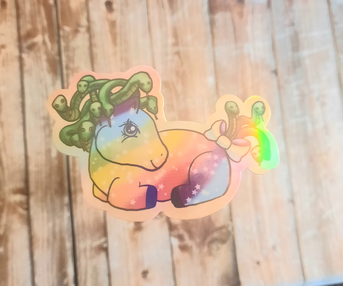Sitting Medusa pony sticker, rainbow pony with Medusa snake hair sticker for water bottle
