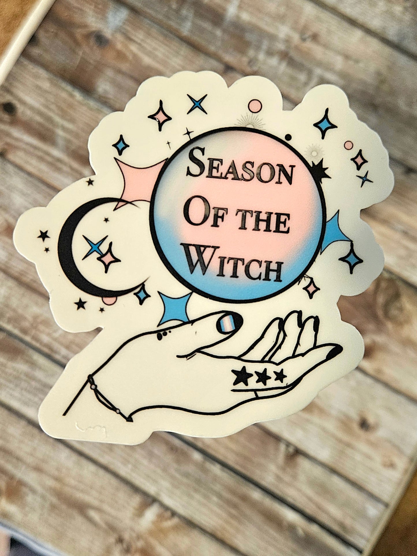 Season of the witch crystal ball hand sticker subtle trans sticker for water bottle