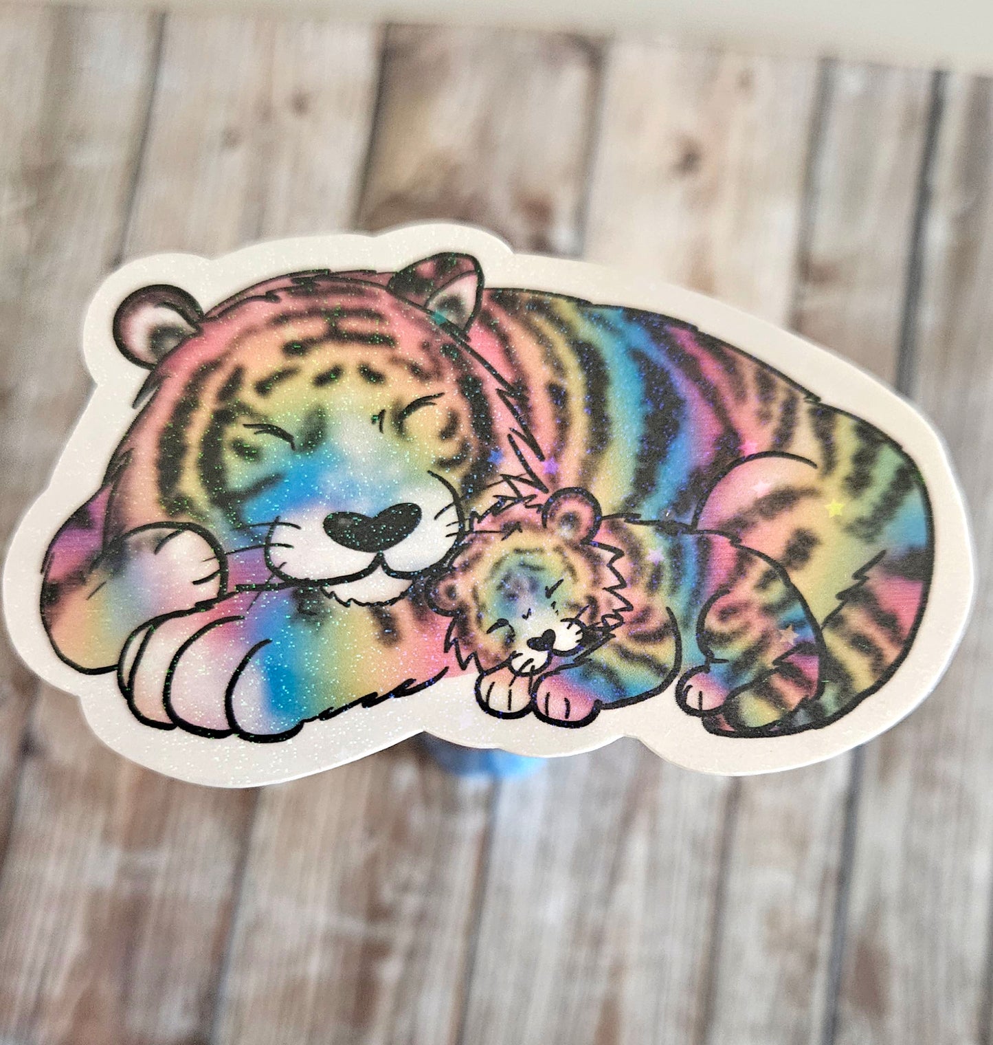 Sleeping rainbow tiger mama and baby tiger kitten sticker for water bottle