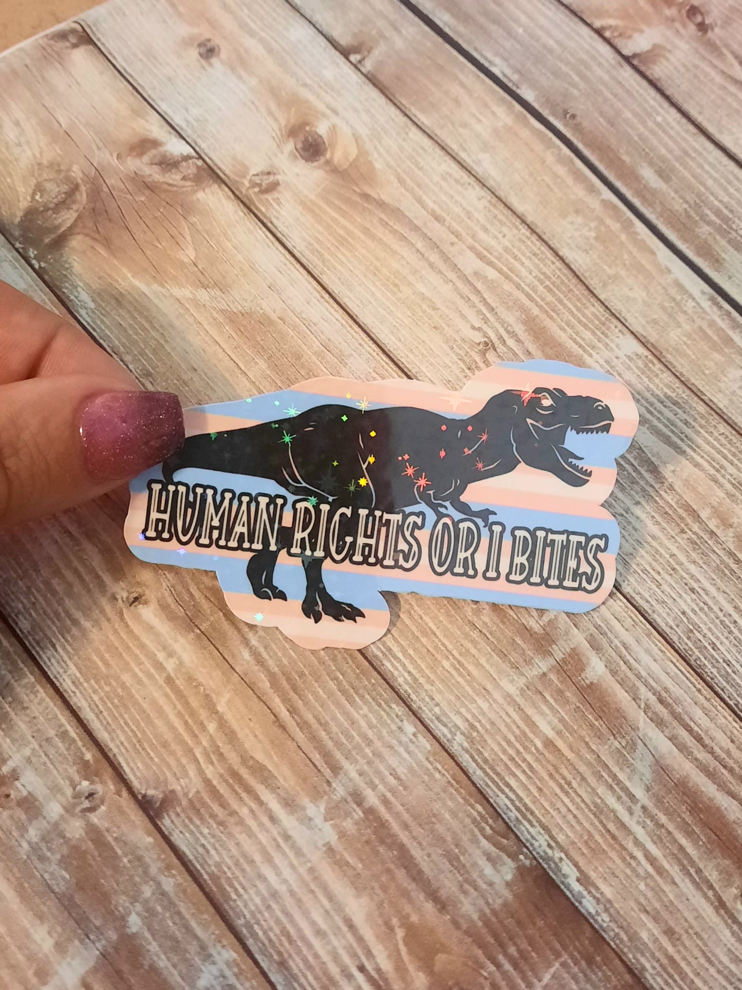 Human rights or I bites sticker for water bottle, T-rex sticker for laptop, dinosaur sticker