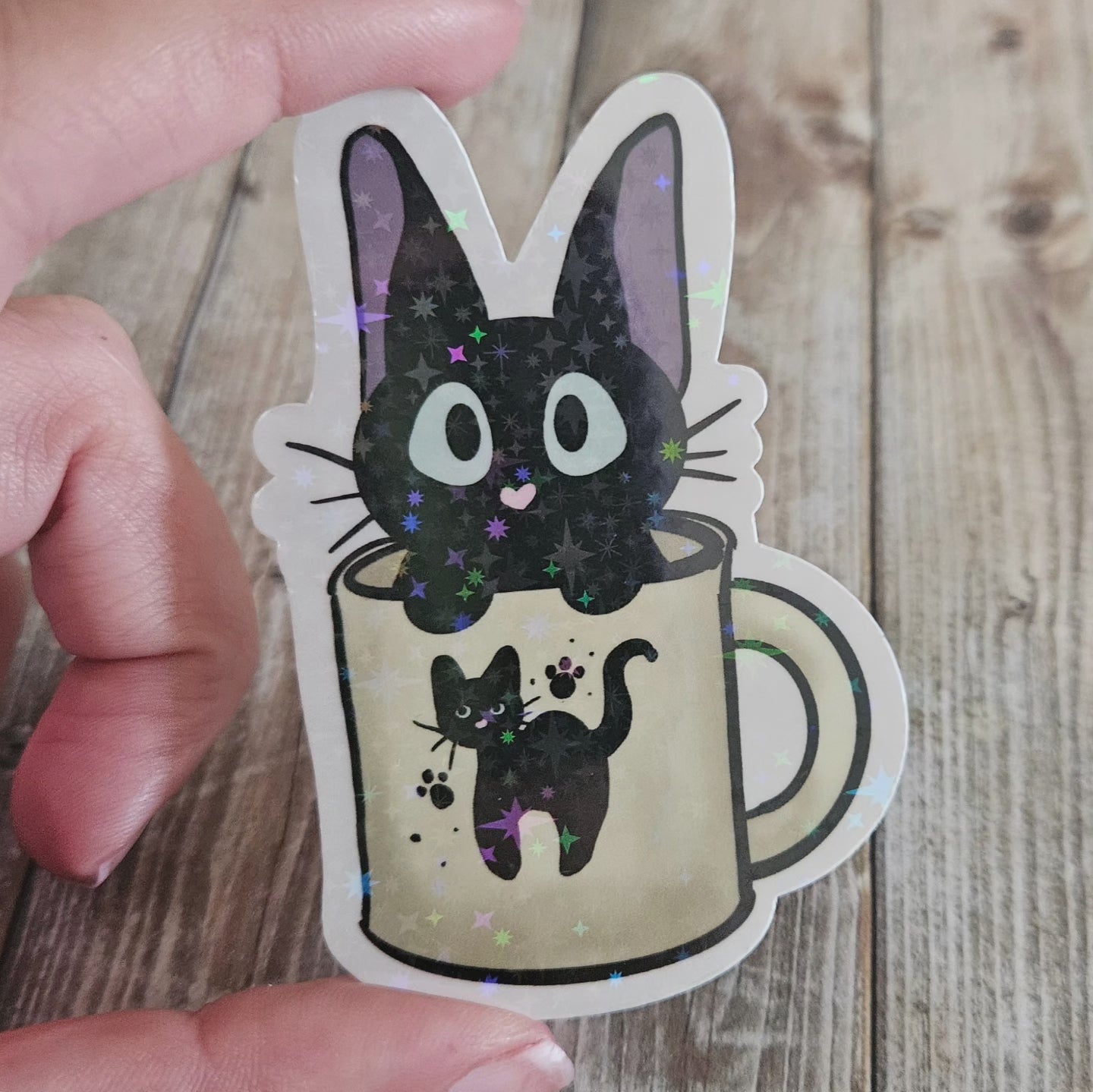 Cute black kitty in a mug sticker for water bottle