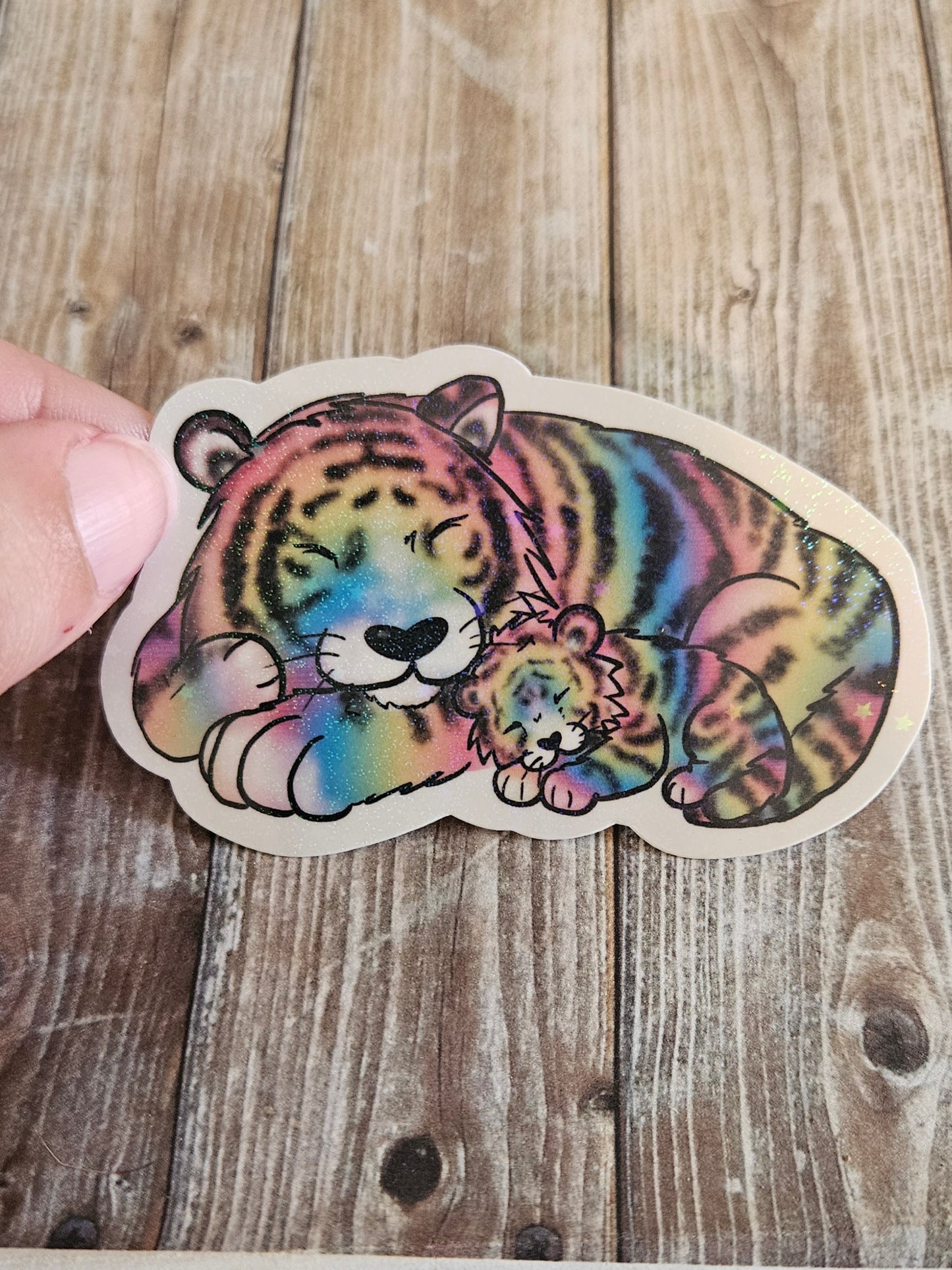 Sleeping rainbow tiger mama and baby tiger kitten sticker for water bottle