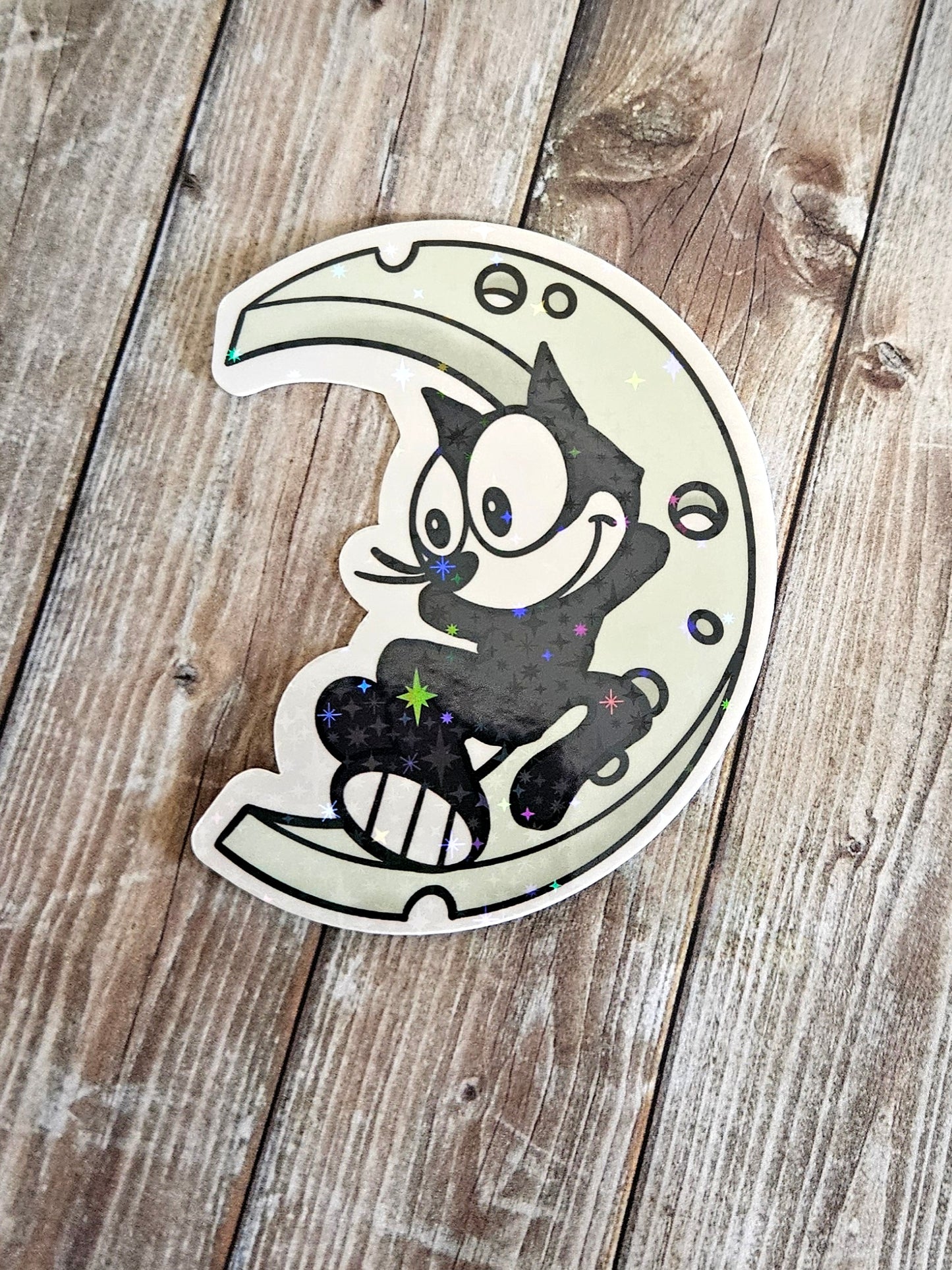 Cute black cat on a cheese moon sticker for water bottle
