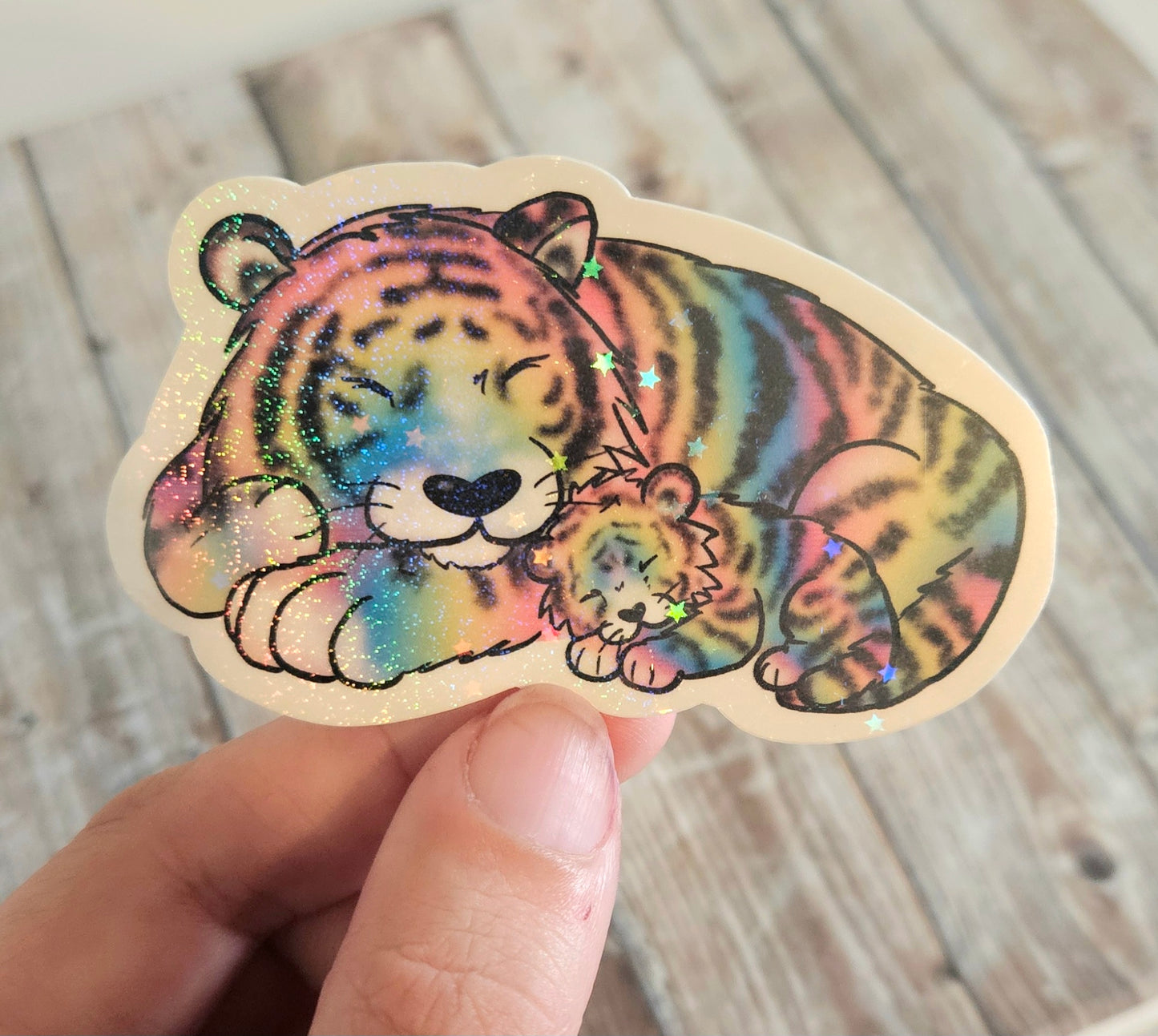 Sleeping rainbow tiger mama and baby tiger kitten sticker for water bottle