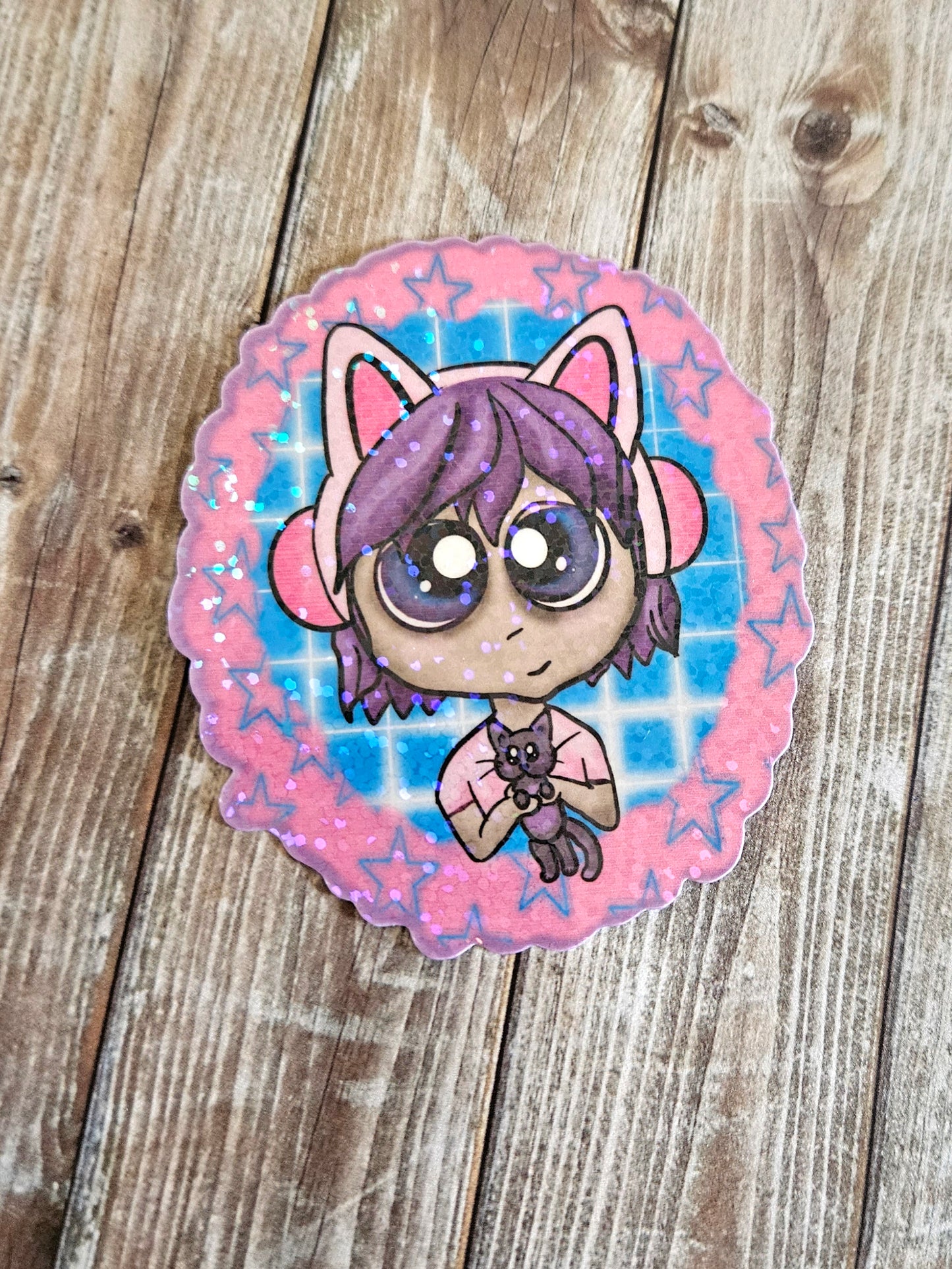 Cute cartoon girl with kitten sticker for water bottle
