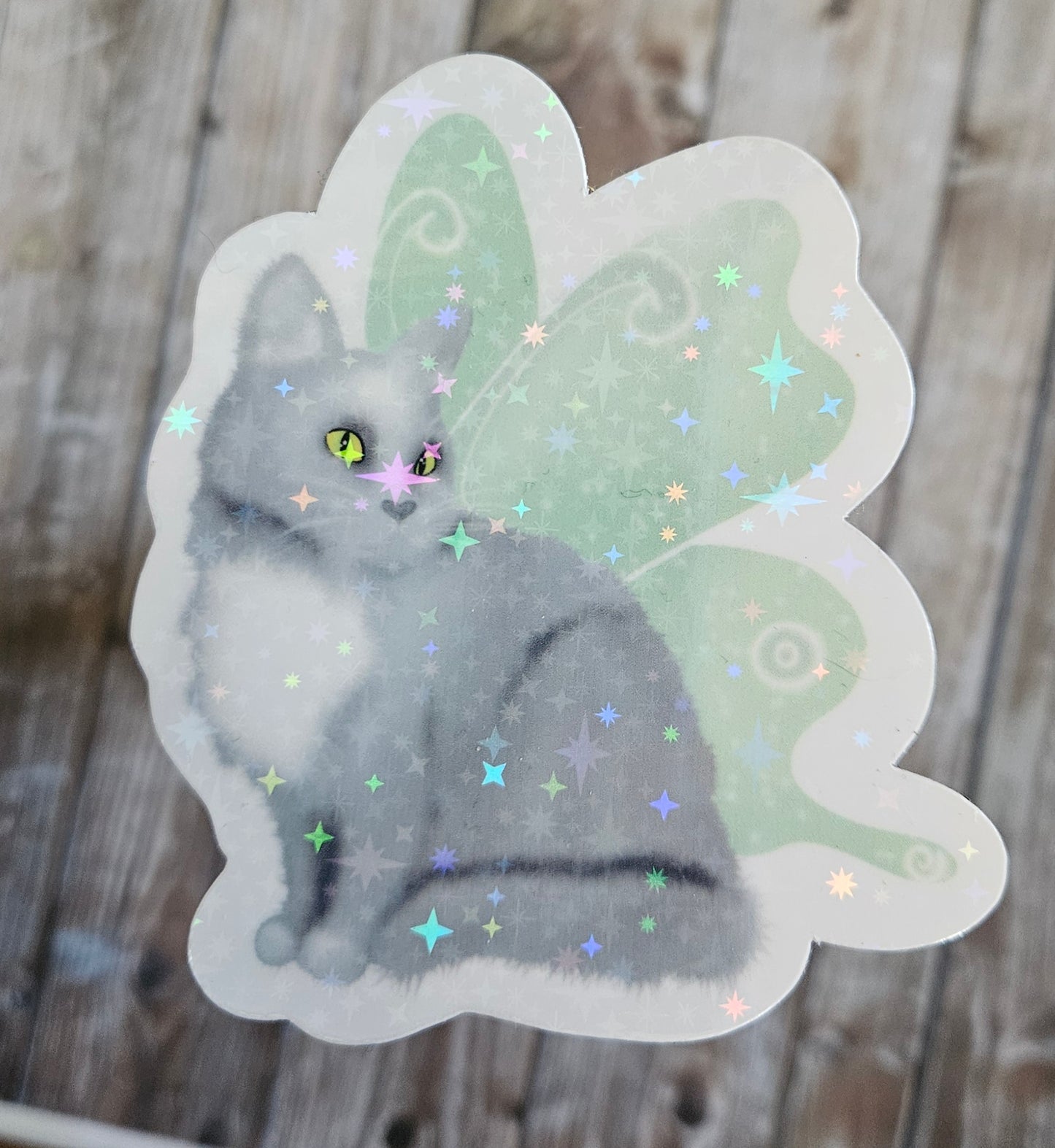 Gray cat with fairy wings sticker for water bottle