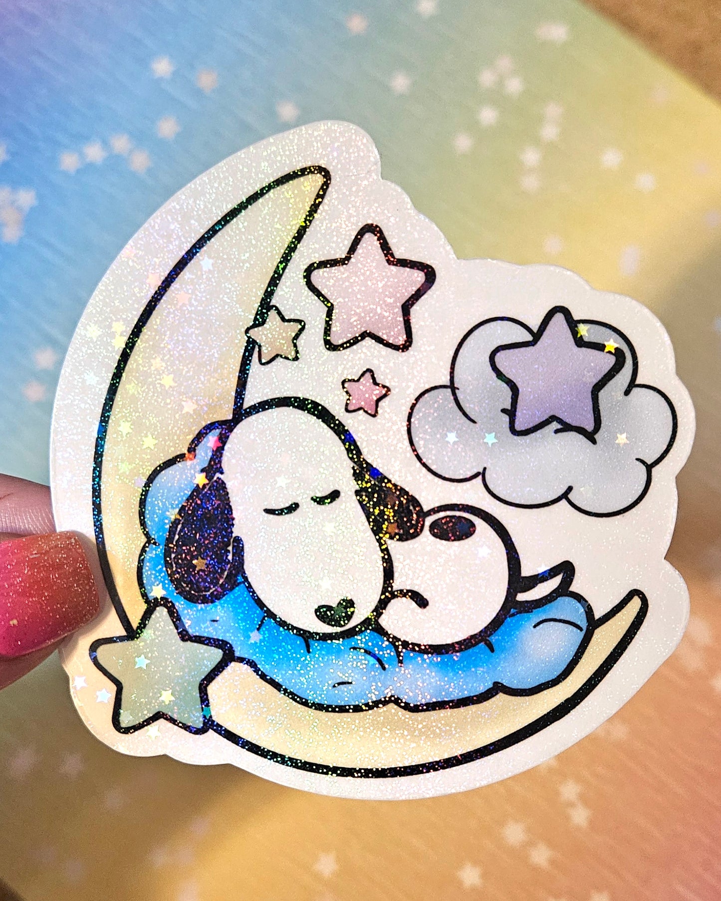 Cute sleeping cartoon white dog with moon and stars sticker for water bottle