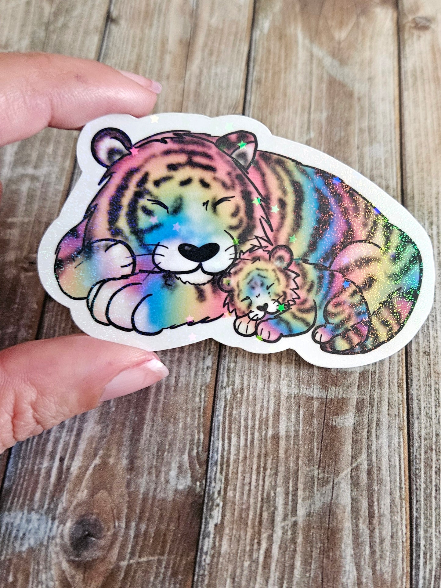 Sleeping rainbow tiger mama and baby tiger kitten sticker for water bottle