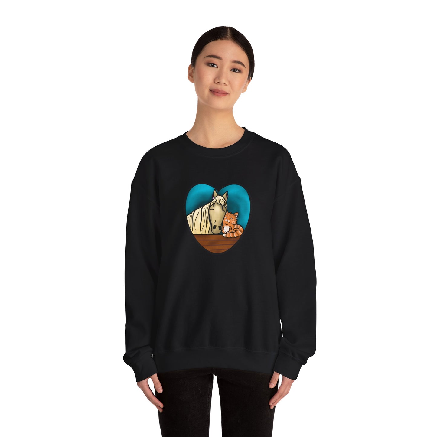 Horse and Kitten Heart Illustration sweatshirt | Cute Animal Barn Design