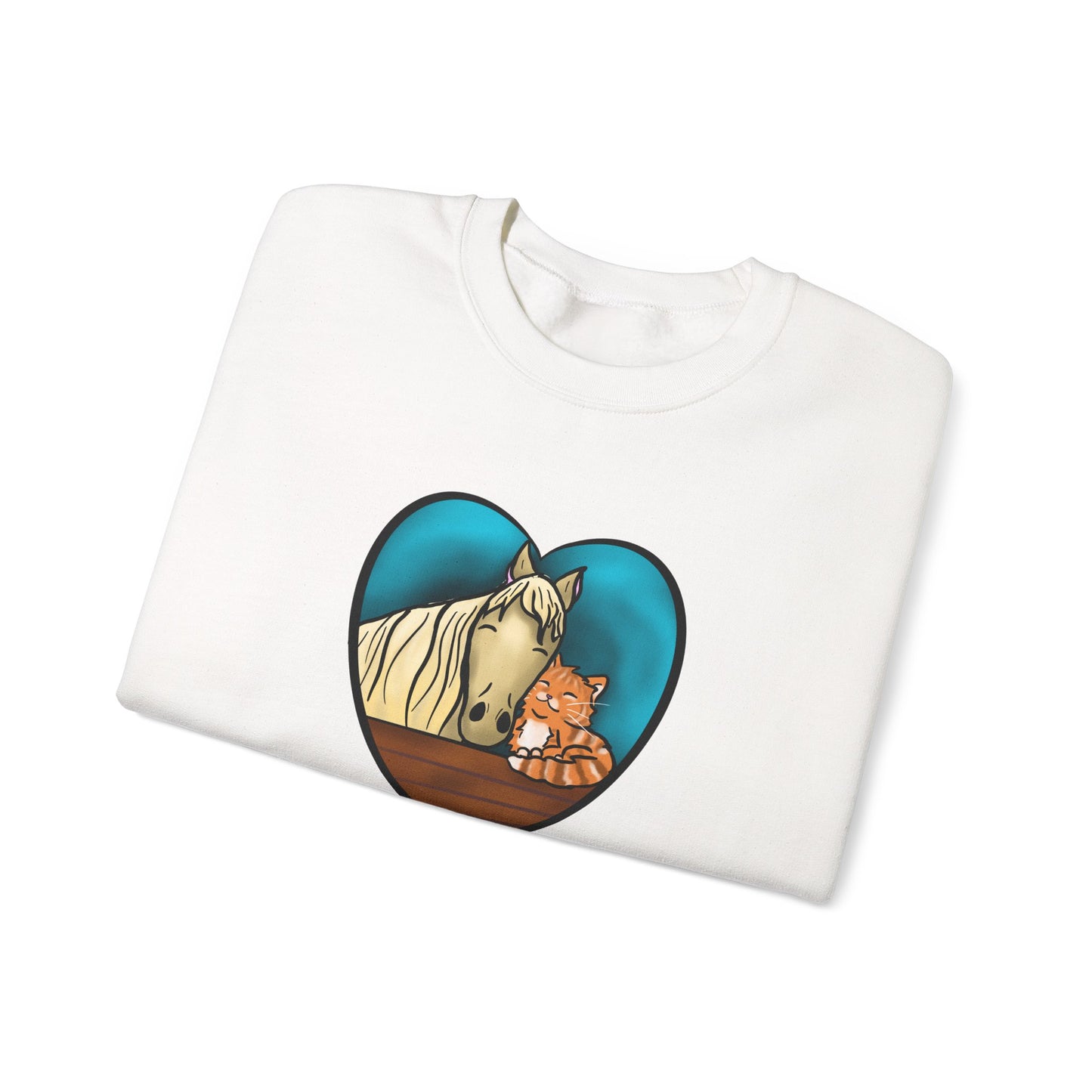 Horse and Kitten Heart Illustration sweatshirt | Cute Animal Barn Design