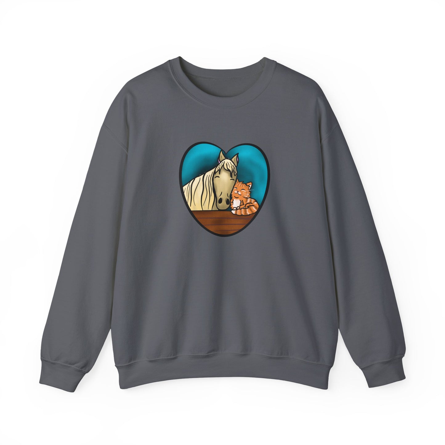 Horse and Kitten Heart Illustration sweatshirt | Cute Animal Barn Design