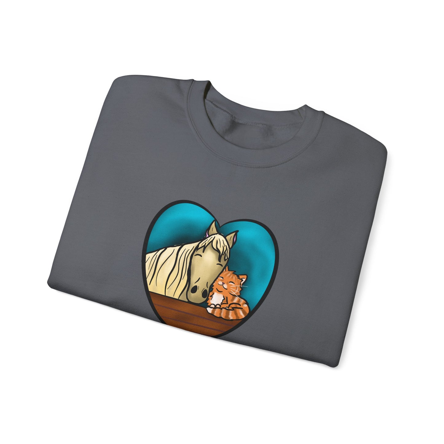 Horse and Kitten Heart Illustration sweatshirt | Cute Animal Barn Design