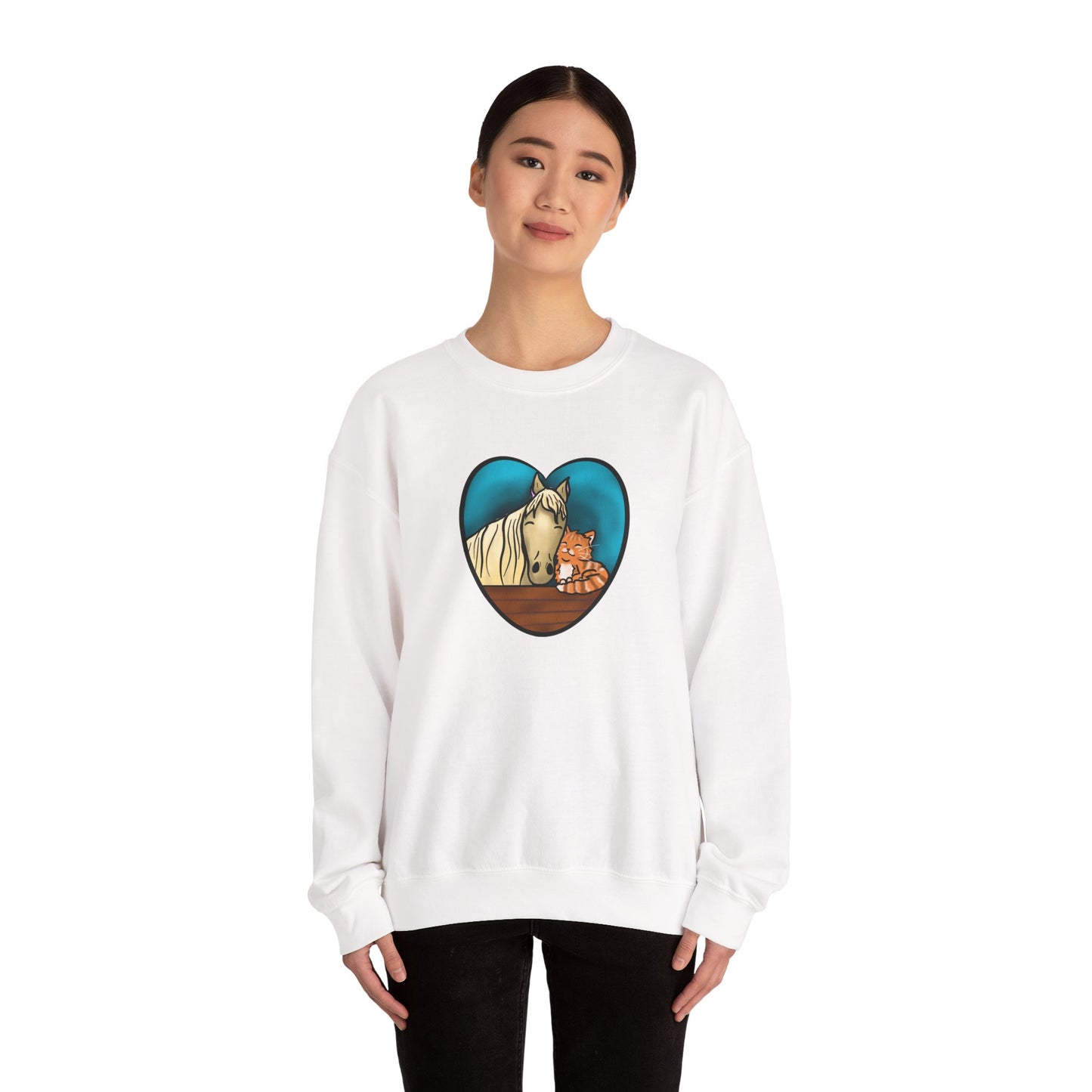 Horse and Kitten Heart Illustration sweatshirt | Cute Animal Barn Design