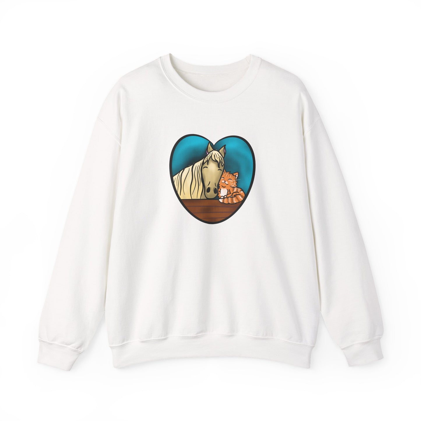 Horse and Kitten Heart Illustration sweatshirt | Cute Animal Barn Design
