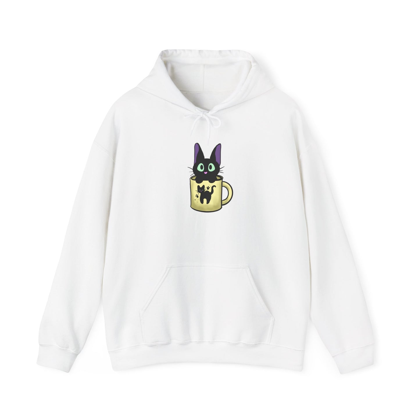 Black Cat in a Mug Hoodie — Cute Kawaii Black Cat Coffee Cup Sweatshirt