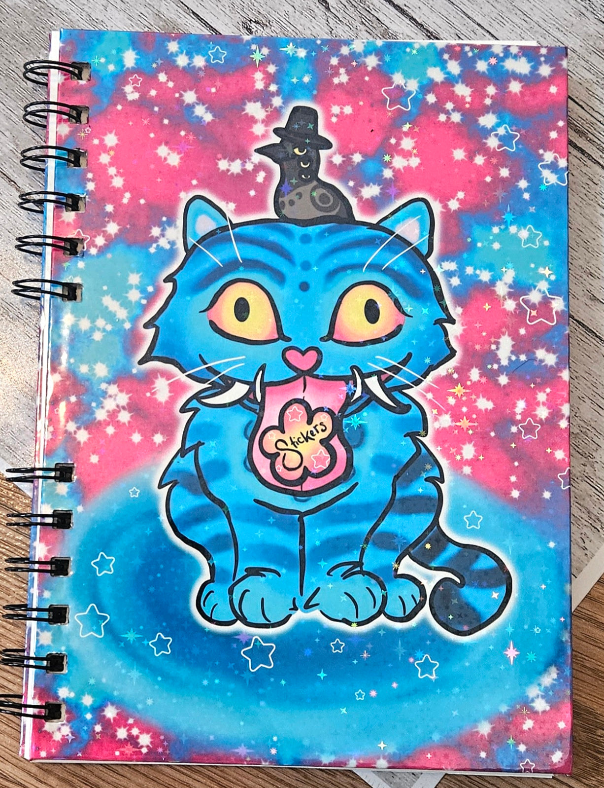 Blue Silly Tiger and bird with hat Sparkly Reusable sticker book for sticker hoarders (hard back)
