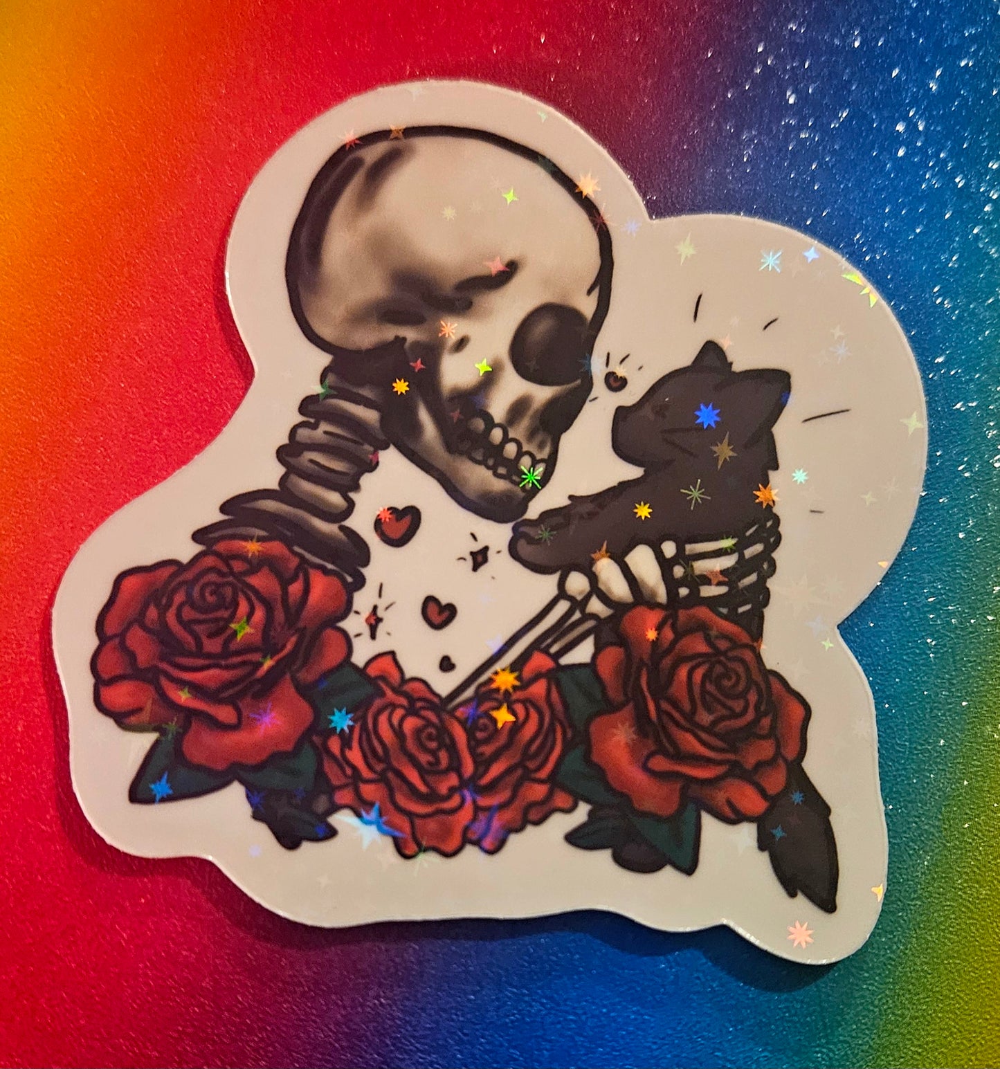 Skeleton holding kitty sticker for water bottle