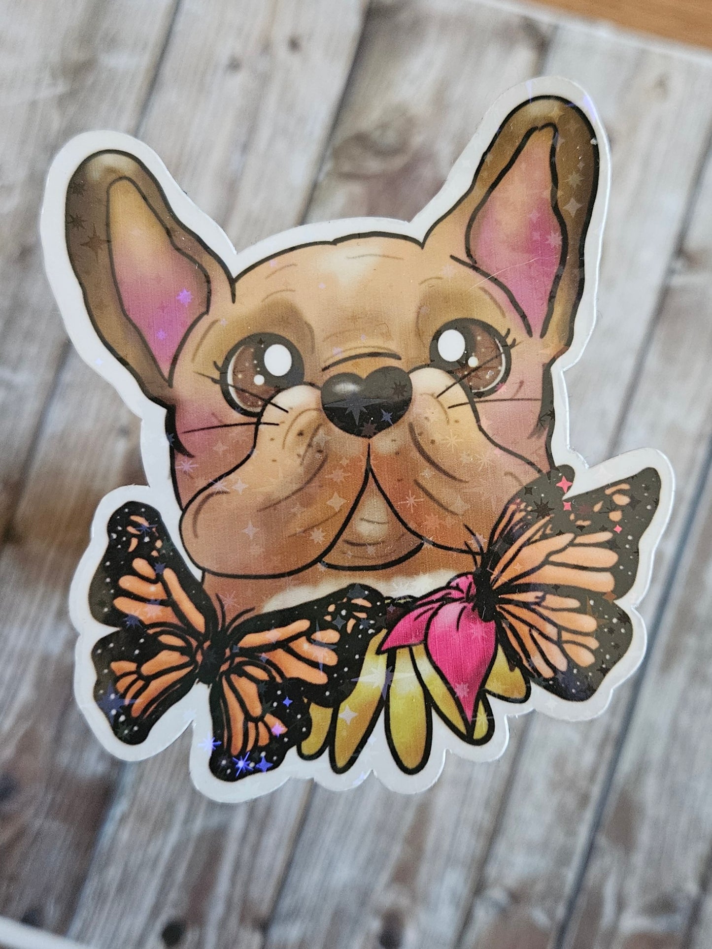 Frenchie with butterflies sticker for water bottle