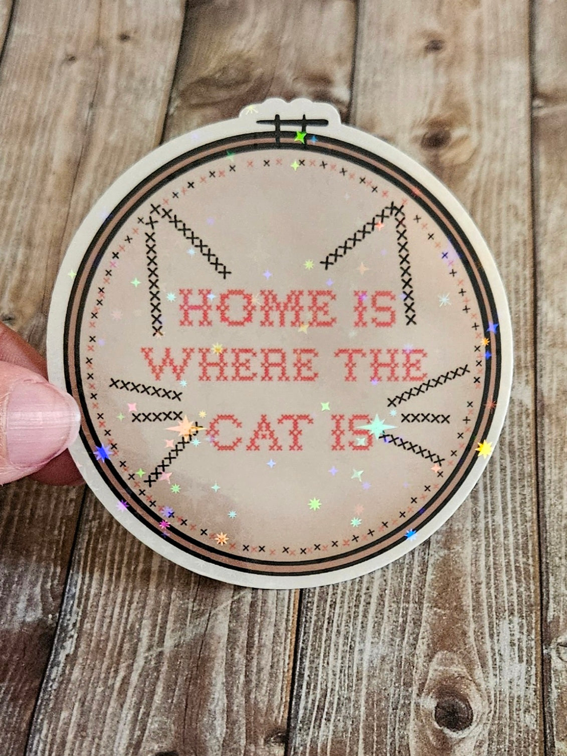 Home is where the cat is cross stitch embroidery sticker for water bottle
