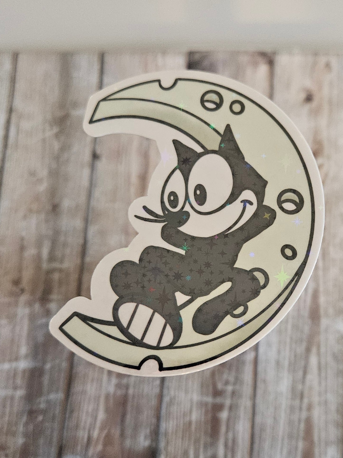 Cute black cat on a cheese moon sticker for water bottle