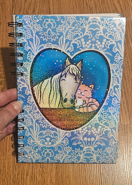 Snuggly horse and cat Sparkly Reusable sticker book for sticker hoarders (hard back)