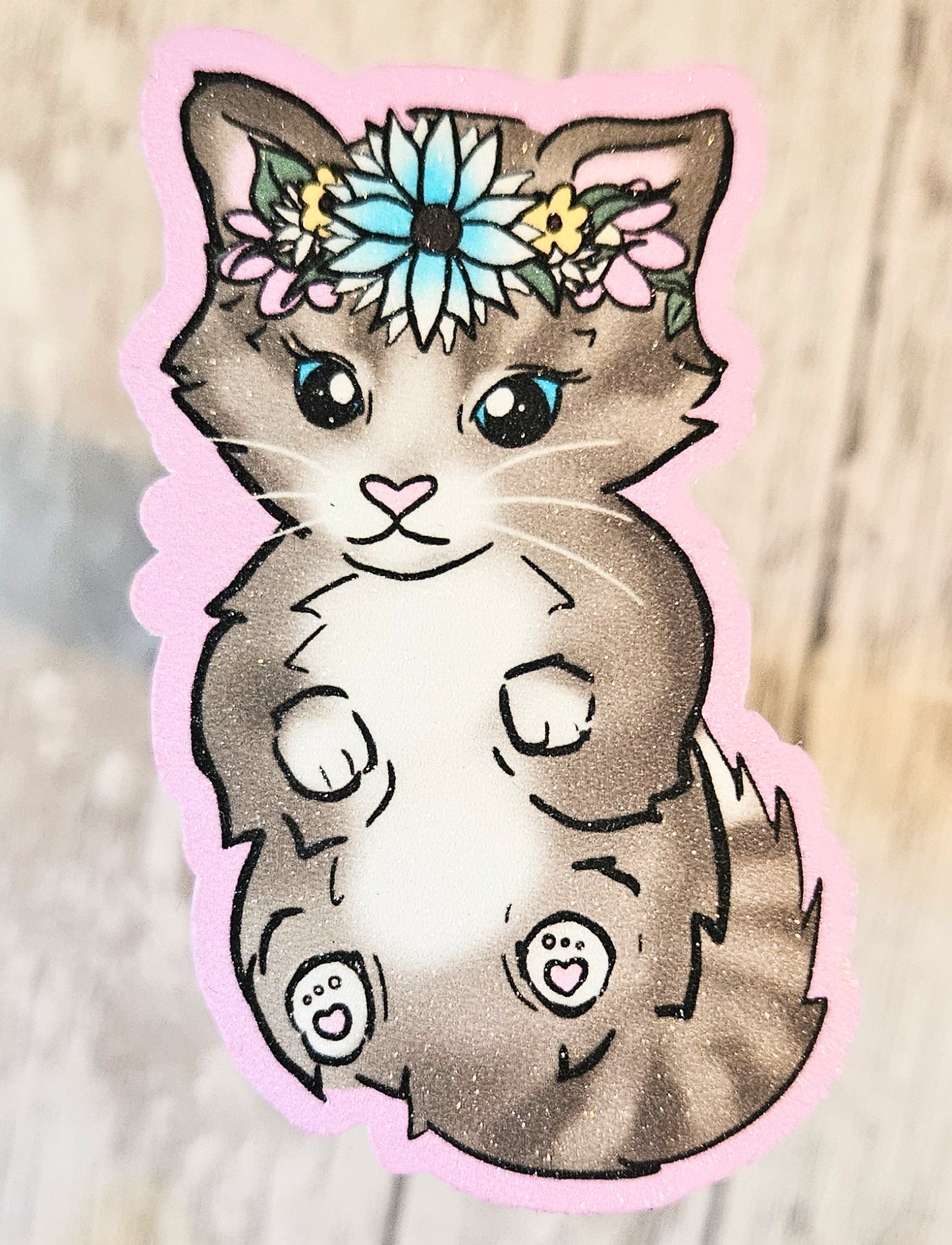 Sweet tabby kitten in a floral crown sticker