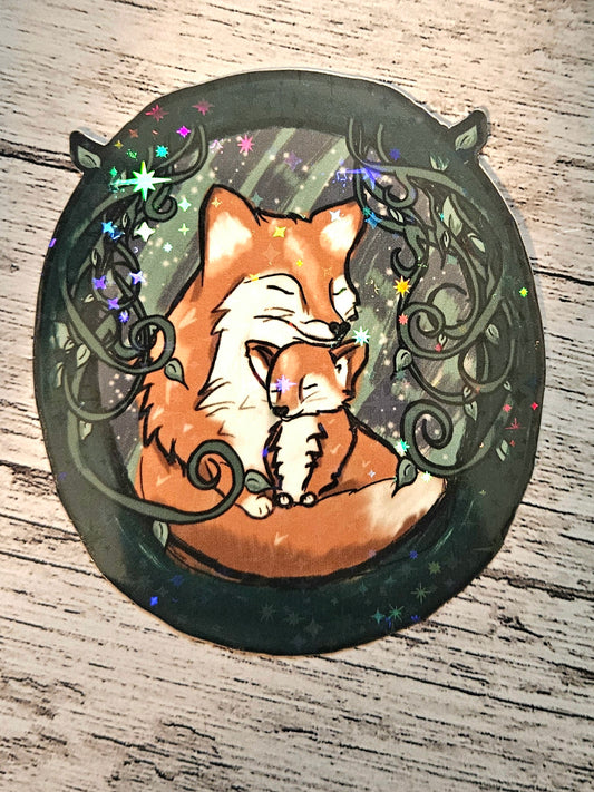 Mama and baby fox cottagecore aesthetic sticker for water bottle