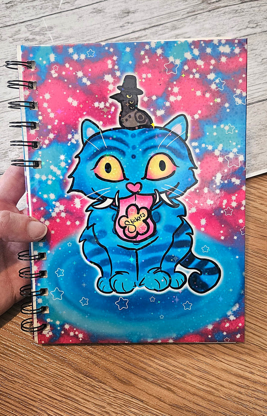 Blue Silly Tiger and bird with hat Sparkly Reusable sticker book for sticker hoarders (hard back)