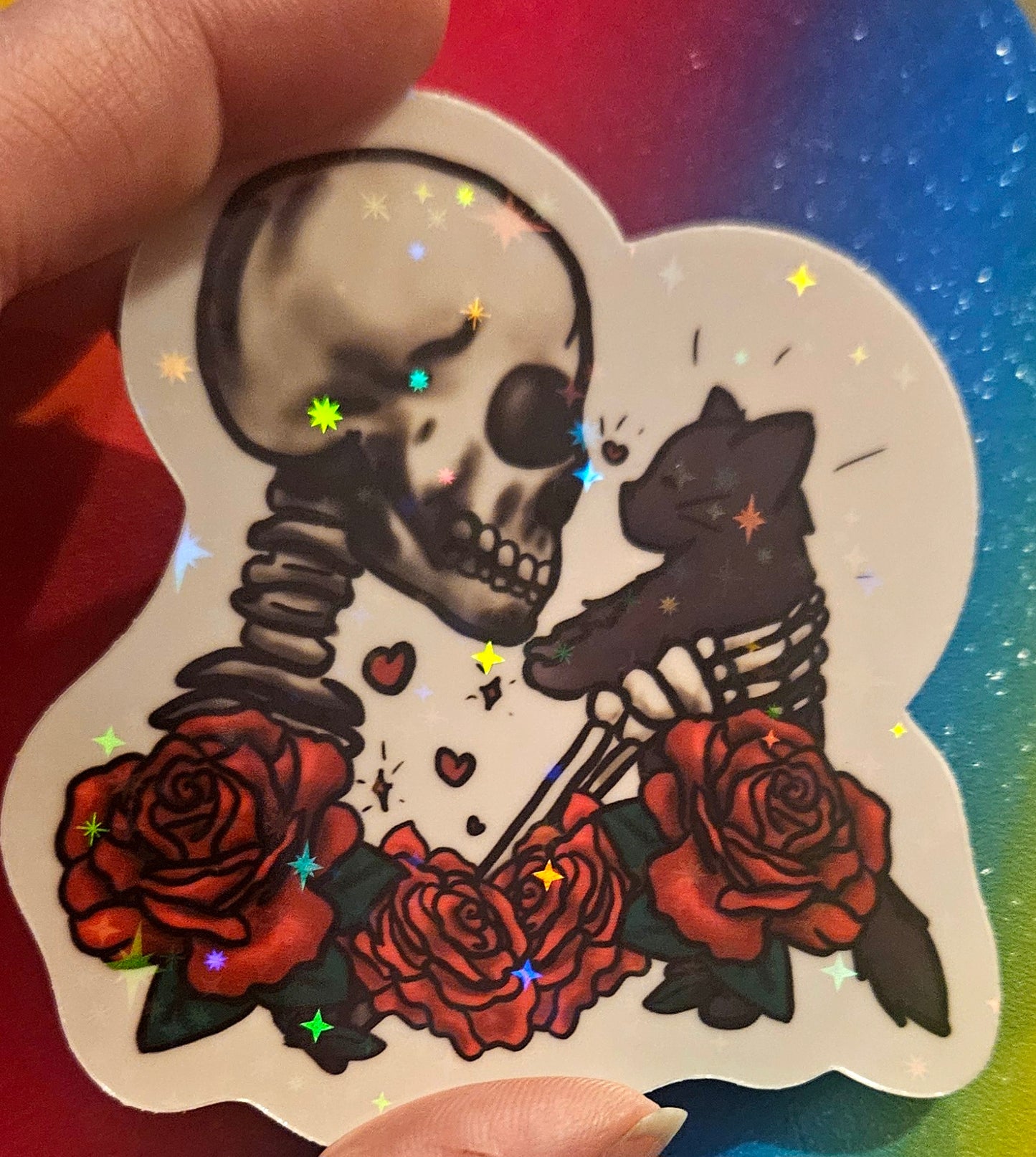 Skeleton holding kitty sticker for water bottle