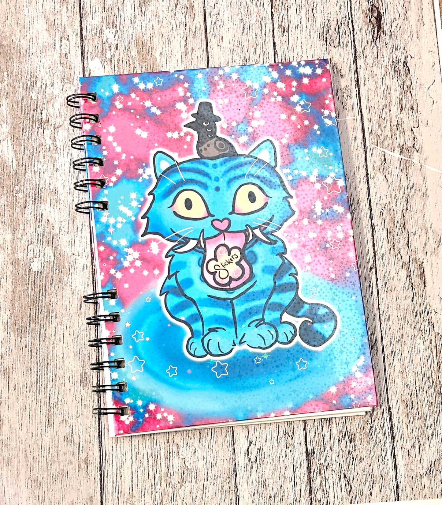 Blue Silly Tiger and bird with hat Sparkly Reusable sticker book for sticker hoarders (hard back)