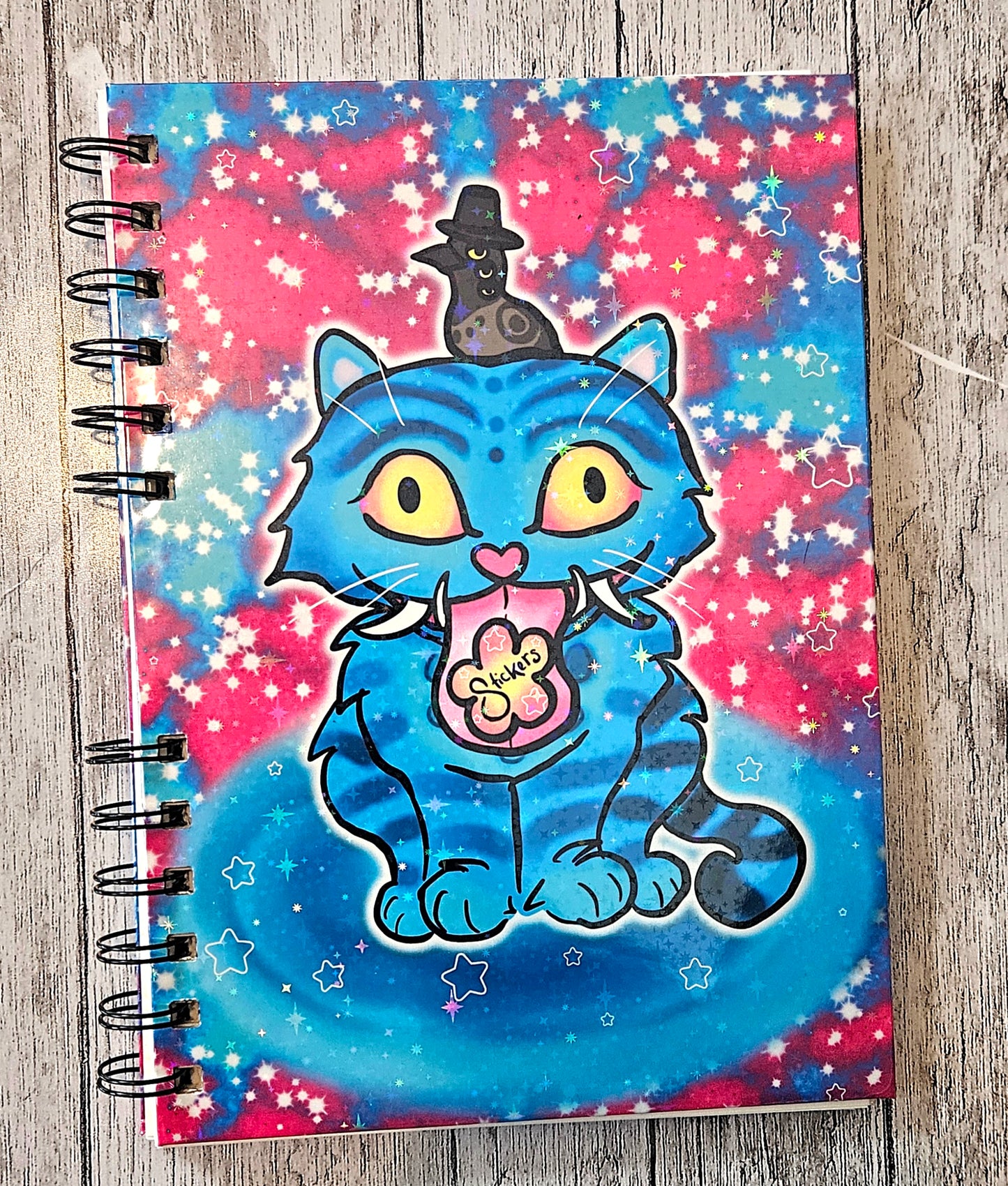 Blue Silly Tiger and bird with hat Sparkly Reusable sticker book for sticker hoarders (hard back)