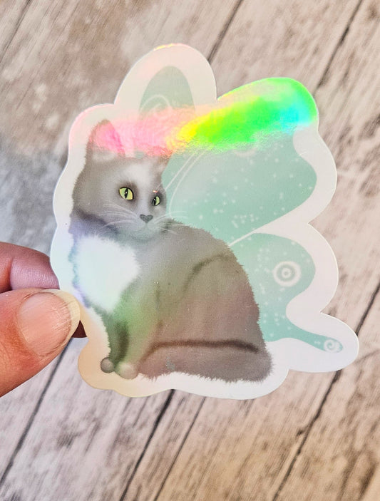 Gray cat with fairy wings sticker for water bottle