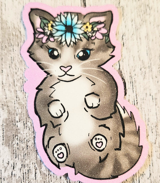Sweet tabby kitten in a floral crown sticker