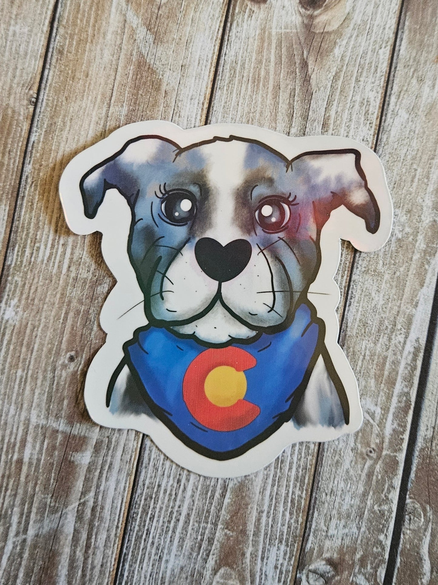 Colorado pitbull with bandana sticker for water bottle, gray and white staffy sticker for laptop
