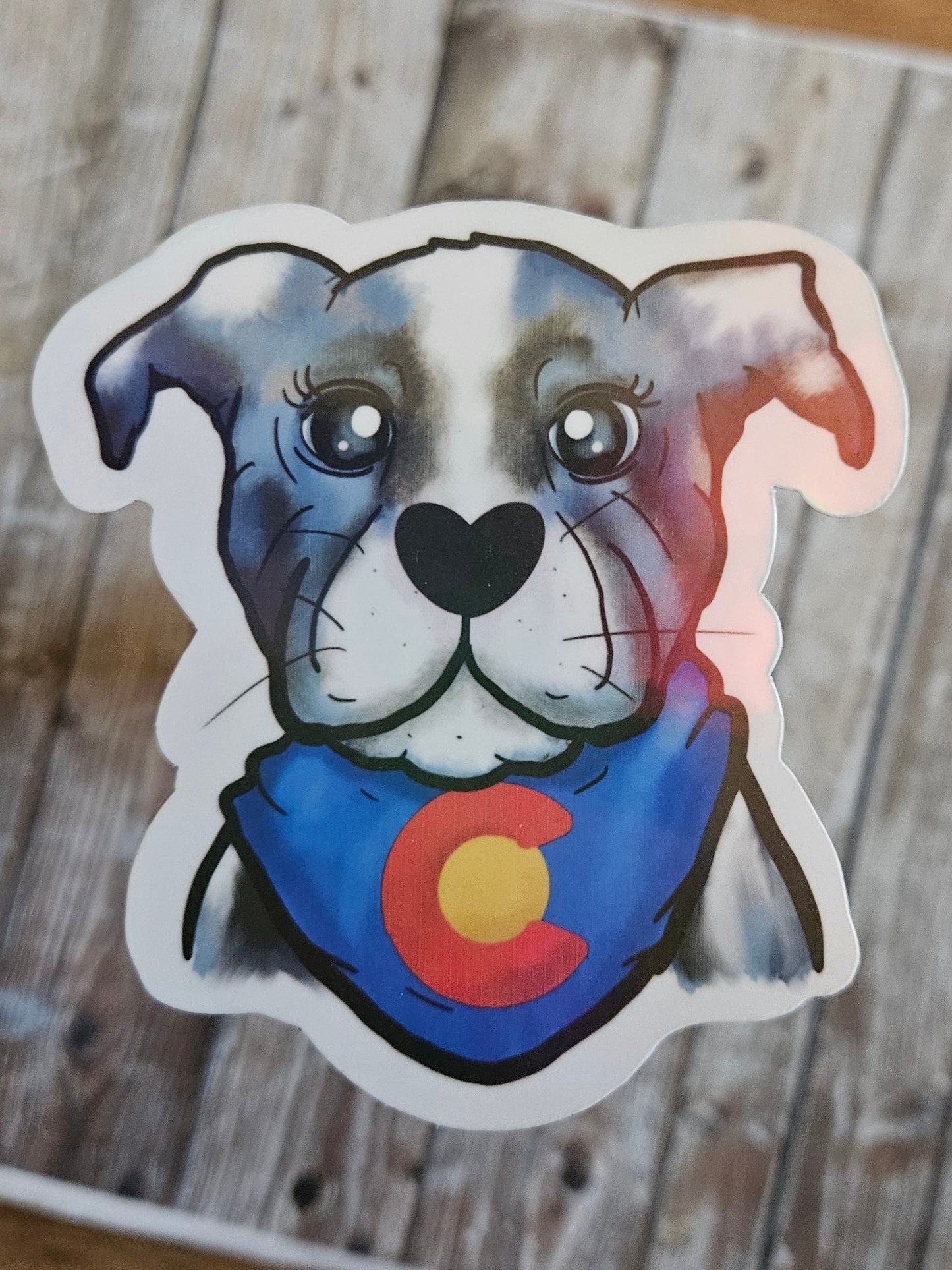 Colorado pitbull with bandana sticker for water bottle, gray and white staffy sticker for laptop